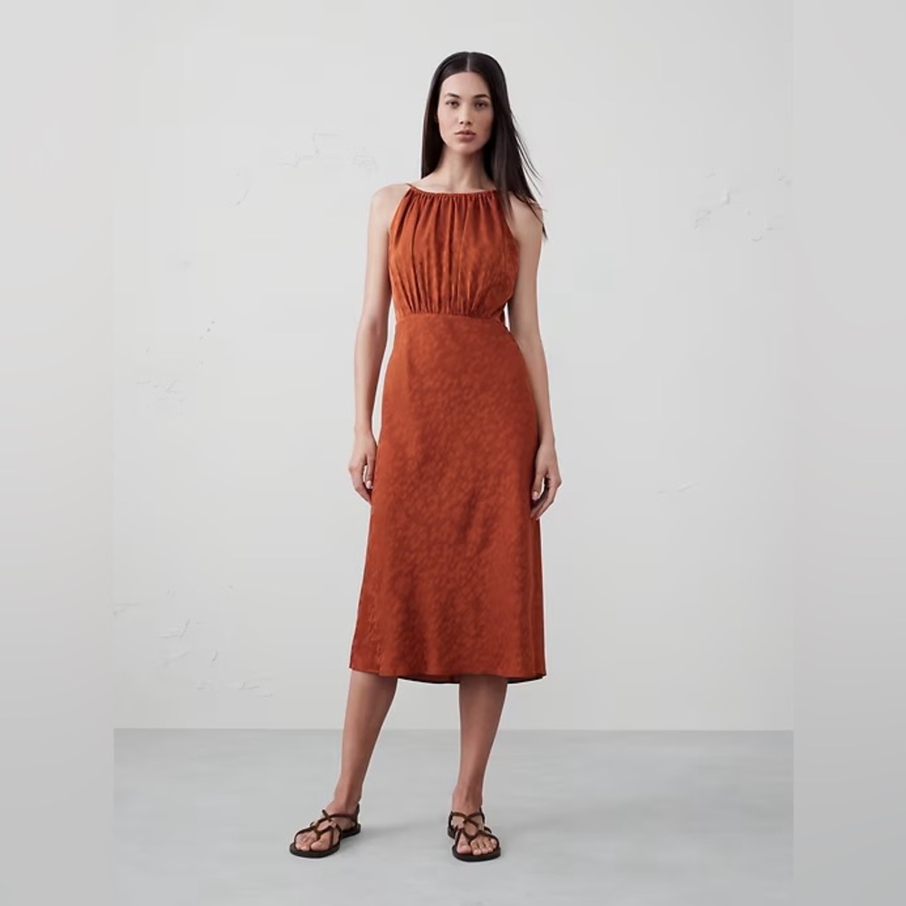 Banana Republic Factory High-Neck Jacquard Midi Dress in Rust